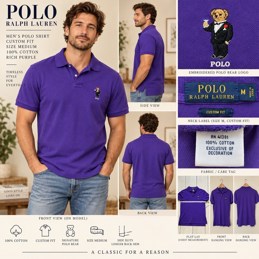 Polo Ralph Lauren Men Purple Polo Bear Custom Fit Cotton Shirt Medium